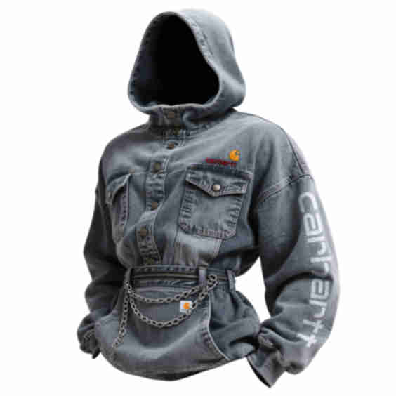Unisex Street Style Casual Workwear Hooded Sweatshirt With Chain Embellishments Denim Pullover