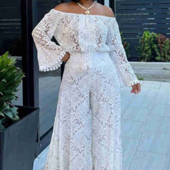Off Shoulder Flare Sleeve Wide Leg Guipure Lace Jumpsuit