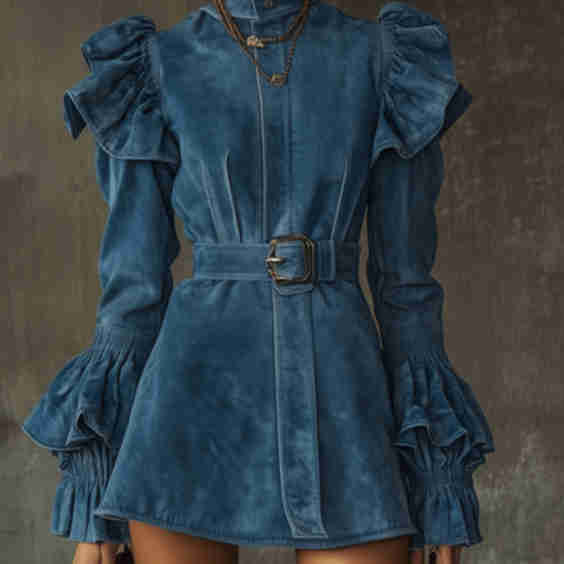 Ruffled Sleeve Belted Faux Suede Mini Dress