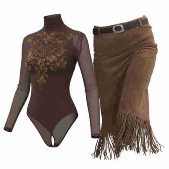 Vintage Fringed Skirt and Embroidered Bodysuit Set