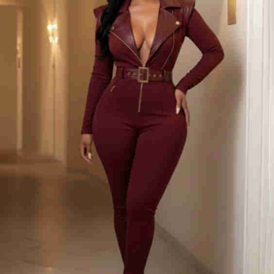 Notched Lapel Cinch Waist Zip up Bodycon Casual Jumpsuit