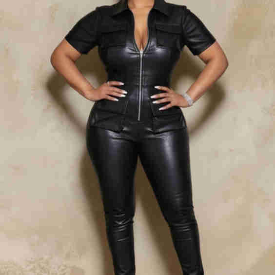 Short Sleeve Zip Up PU Leather Bodycon Party Jumpsuit