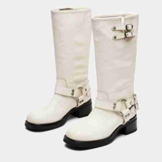 Vegan Leather Round Toe Buckle Strap Mid Calf Moto Boots