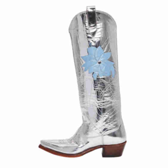 Metallic Finish Chunky Heel Floral Knee-High Cowgirl Boots