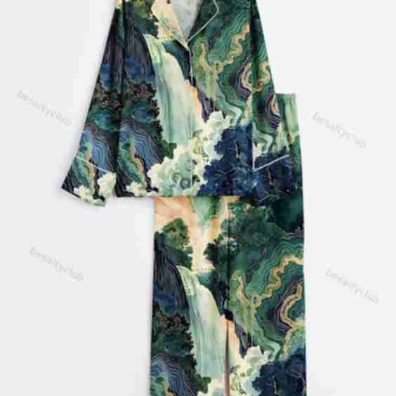 Hokusai Ukiyo-E Japanese Waterfall Long Sleeve Satin Pajama Set