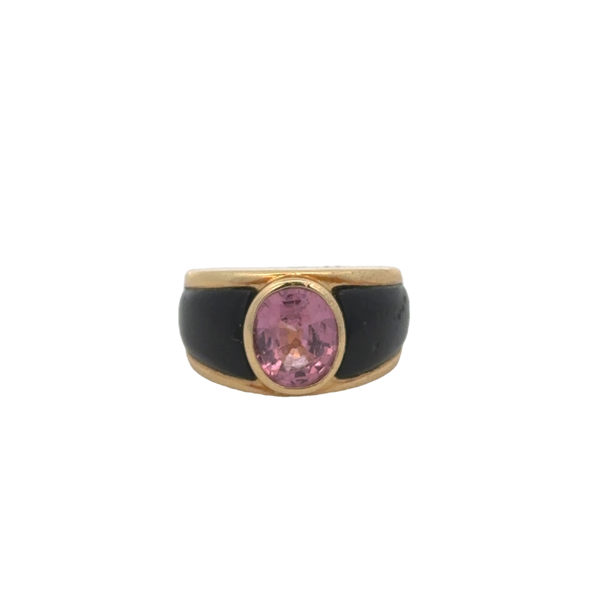 1970s 18KT Yellow Gold Pink Spinel & Enamel Ring