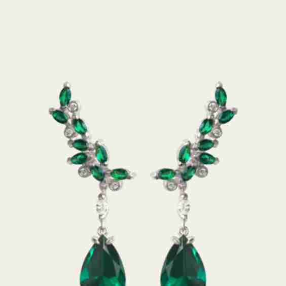 14 K White Gold Veto Raindrop Earrings With Lab Grown Diamonds And Green Cultured Emeralds