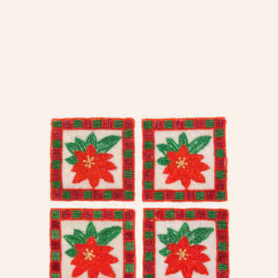 Beaded Christmas Poinsettia Coasters Set of 4