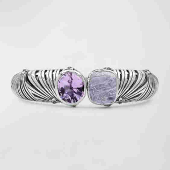 Carventurous Faceted Amethyst Hand Carved Natural Quartz Mother of Pearl and Amethyst Open and Close Bangle in Sterling Silver