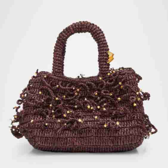 Fanny Woven Top Handle Bag With Beaded Fringe