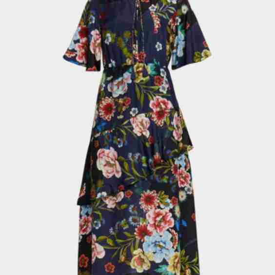 Florean Ruffle Floral Print Silk Midi Dress