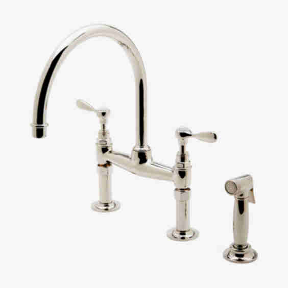 Easton Vintage Two Hole Bridge Gooseneck Kitchen Faucet with Metal Lever Handles and Spray