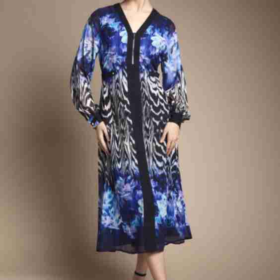 Zip Front Floral Border Chiffon Midi Dress