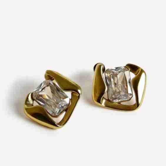 Ice Gold Crystal Square Stud Earrings