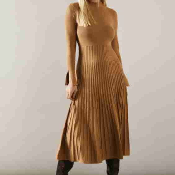 Petite Button Cuff Detail High Neck Pleated Knitted Midaxi Dress