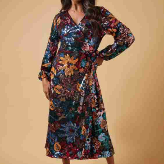Occasion Floral Sequin Wrap Midi Dress