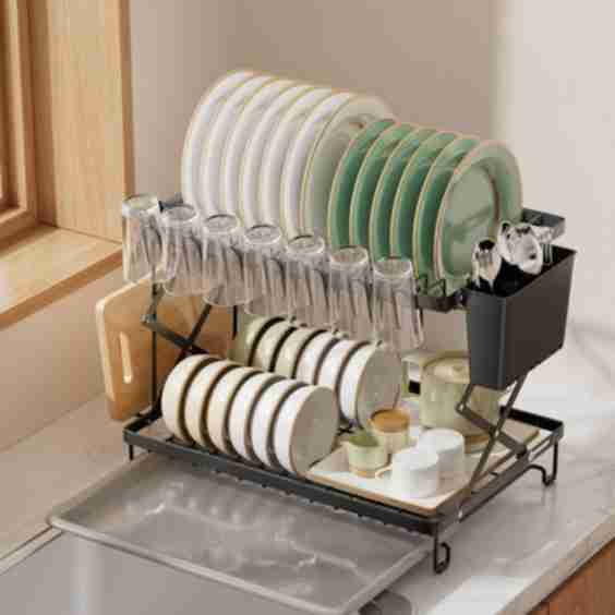 2-Tier Folding Dish Drying Rack Plate Cup Drainer with Detachable Drainboards & Kitchenware Holder