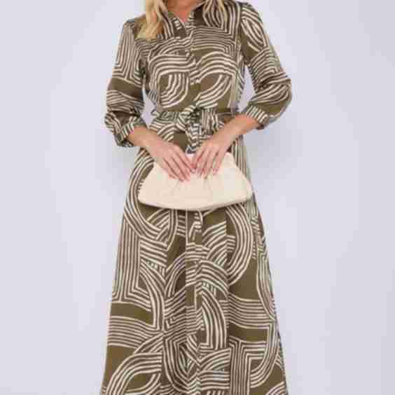 Geometric Print Satin Maxi Shirt Dress