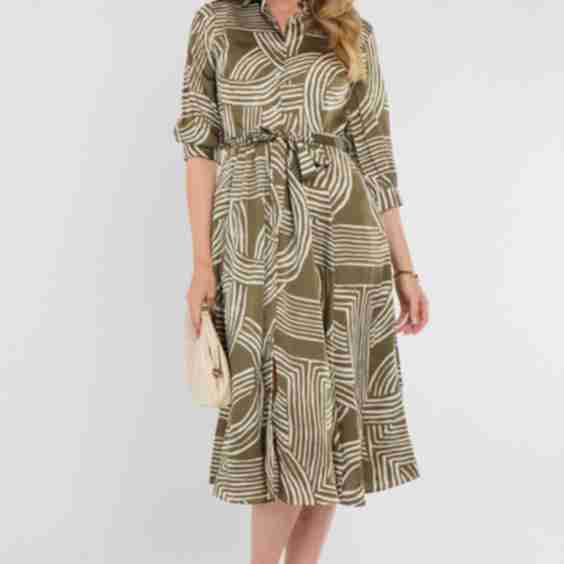 Khaki Geometric Print Half Sleeve Midi Shirt Dress