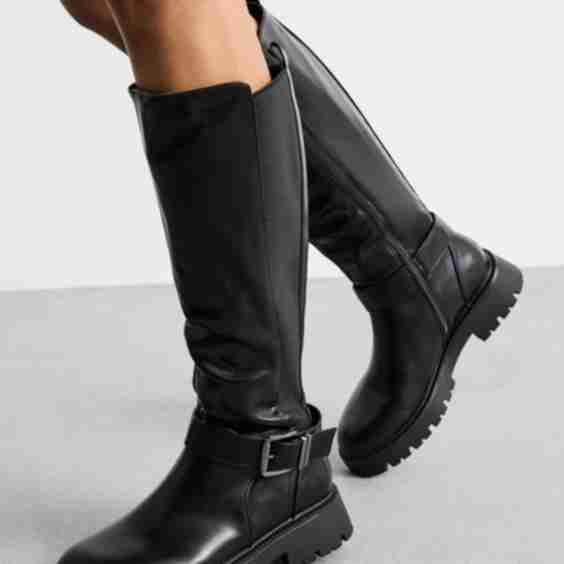 Chrissy Faux Leather Buckle Detail Chunky Knee-High Boots