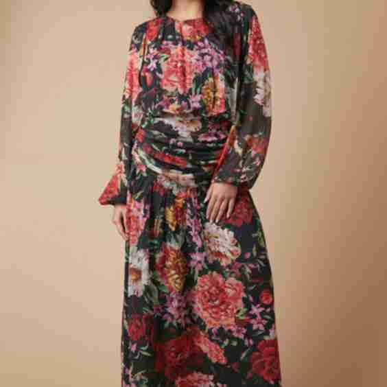 Floral Chiffon Gathered Ruched Midi Dress