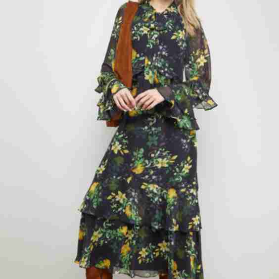 Printed Tie Neck Ruffle Detail Maxi Dress