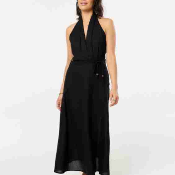 Linen Blend Halter Neck Tie Waist Maxi Dress