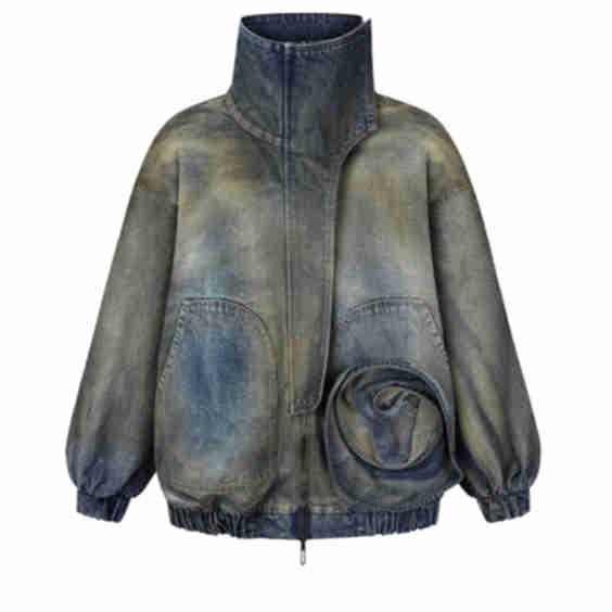Rusty Denim High-Neck Jacket with 3D Floral Decor