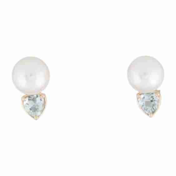 14K Pearl & Aquamarine Venus Heart Stud Earrings