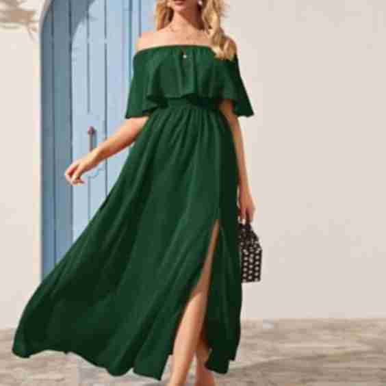 Solid Split Thigh Foldover Bardot Dress