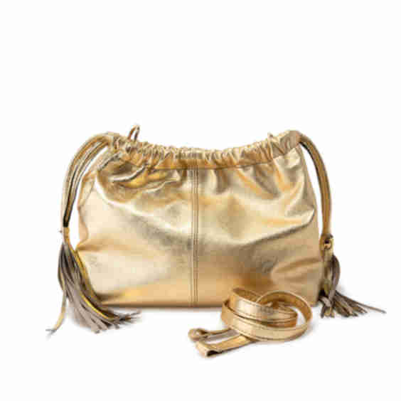 Gold Leather Clutch Bag With Tassels