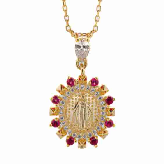 Ruby Diamond Virgin Mary Pendant Gold Chain Necklace Gold