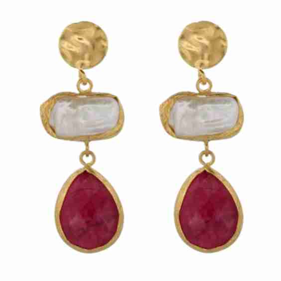 Vintage Style Pearl Ruby Gemstone Earrings 