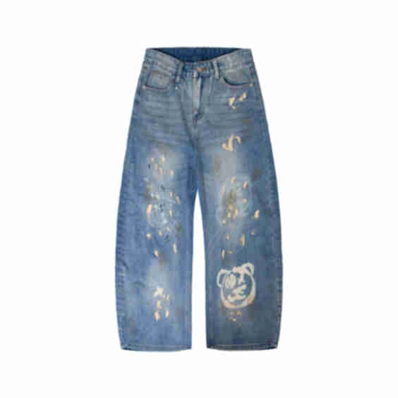 Graffiti Bear Custom Denim Barrel Jeans