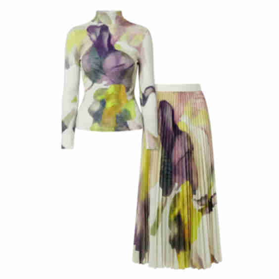 Floral Print Full Pleated Printed Top and Midi Skirt 