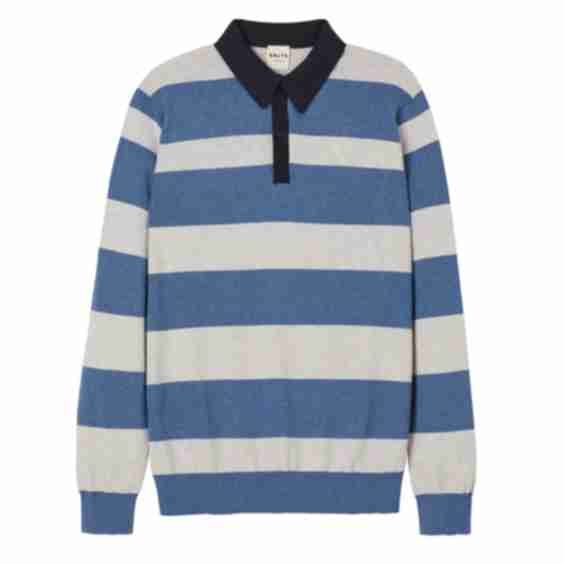 Long Sleeved Rugby Stripe Polo Shirt - Denim