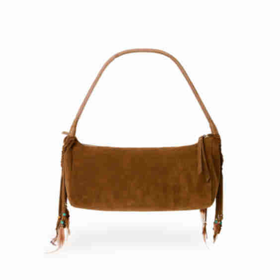 Suede Bag- Boho Baguette Purse Fringes And Feathers