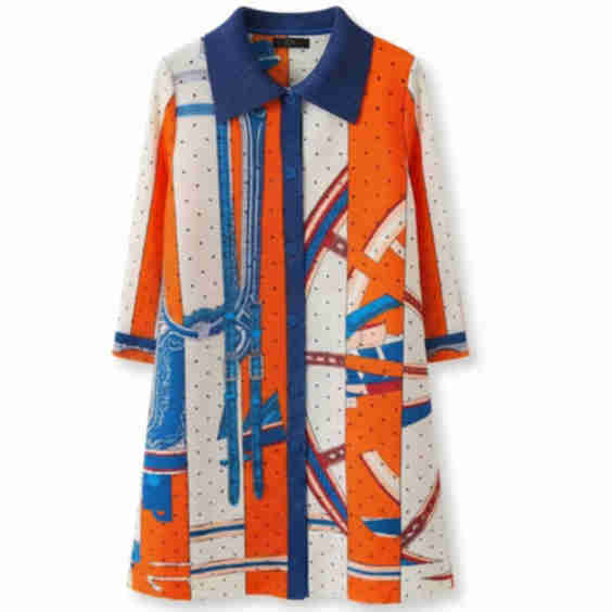 Equestrian Chain Print Full Pleated Buttons Down Shirt Dress