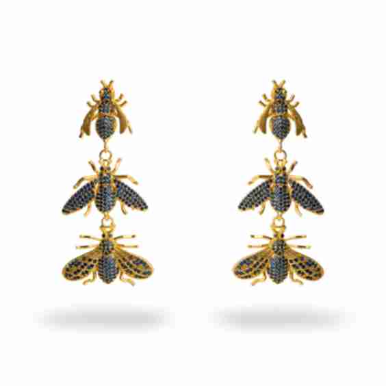 Divine Connection Trio Queen Bee Sapphire & Gold Dangle Earrings
