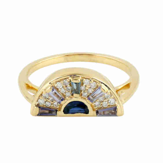 18 K Yellow Gold Baguette Cut Mixed Gemstone Diamond Sunrise Ring