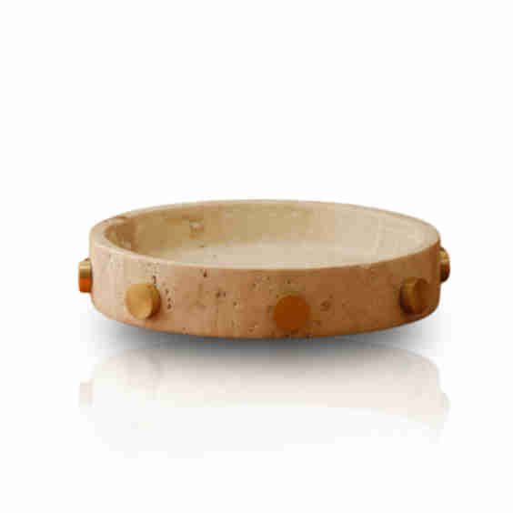 Handmade Travertine Tray Beige Stone With Brass Stud