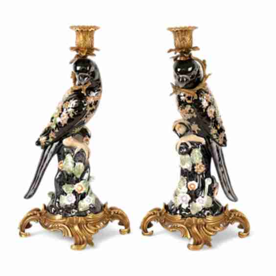 Hand Painted Porcelain And Bronze Bird Candlesticks