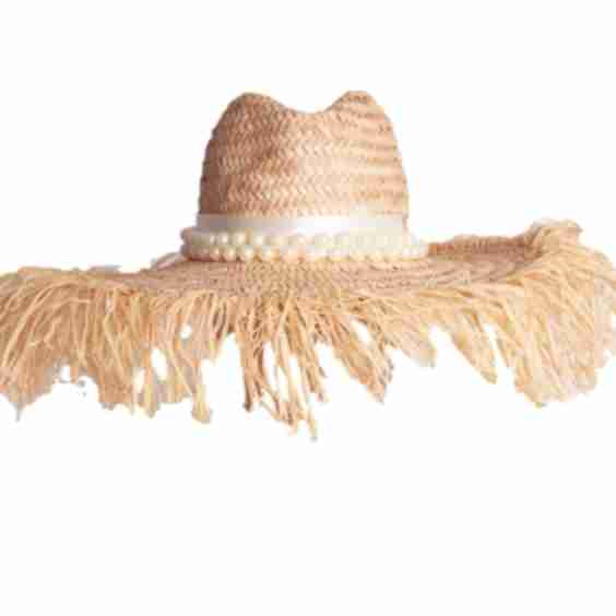 Extra Large Natural Straw Hat with Distressed Edge and Extra Large Pearl Trim
