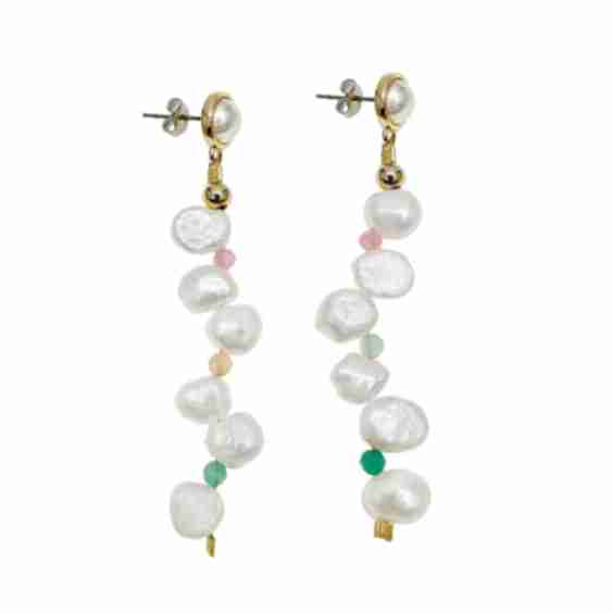 Flower Petal Freshwater Pearls With Colorful Stones Earrings