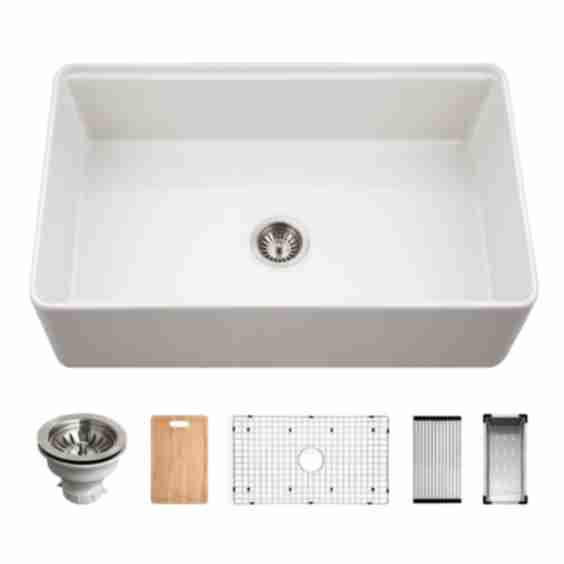 Aspire 33" Farmhouse Single Basin Fireclay Kitchen Sink With Basin Rack, Basket Strainer And Cutting Board