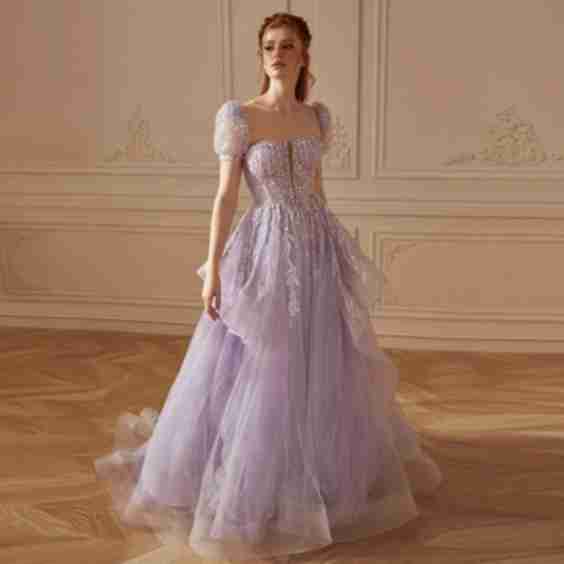 Elegant Beaded Lilac Ball Gown Evening Dress