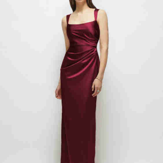 Scoop Neck Draped Column Stretch Satin Maxi Dress