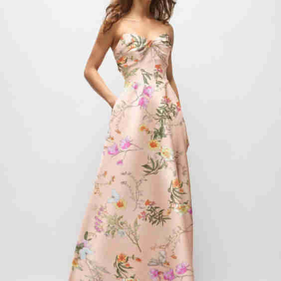 Strapless Twist Cuff Neck Floral Satin Maxi Dress with Basque-Waist & Full Skirt