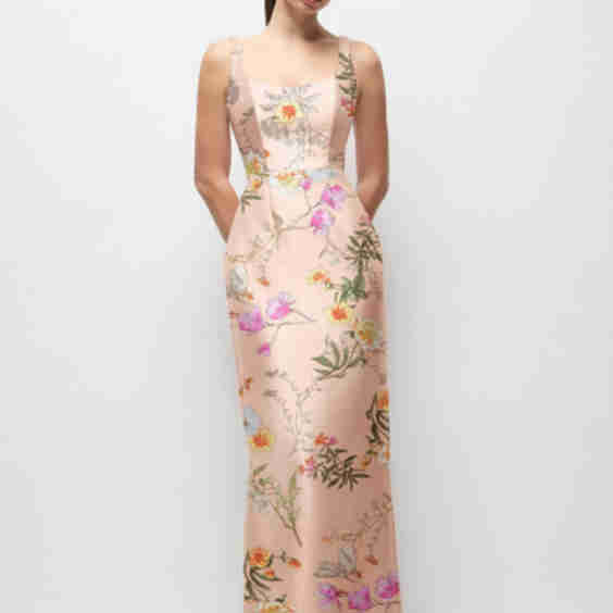 Scoop Neck Floral Satin Column Maxi Dress