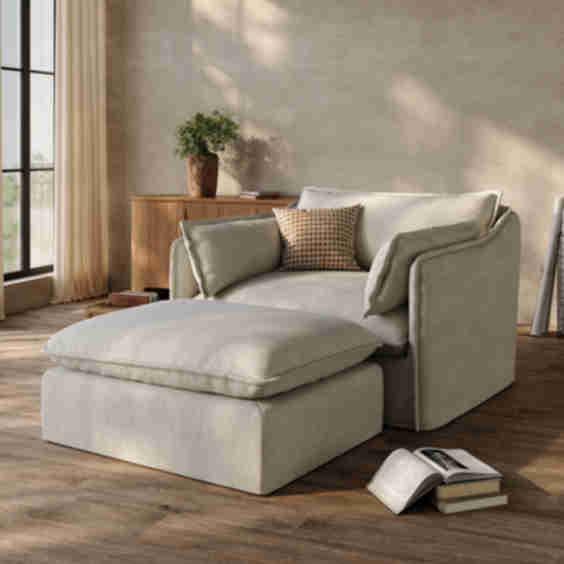 Beige Linen Single Sofa Accent Chair With Removable Covers Ottoman